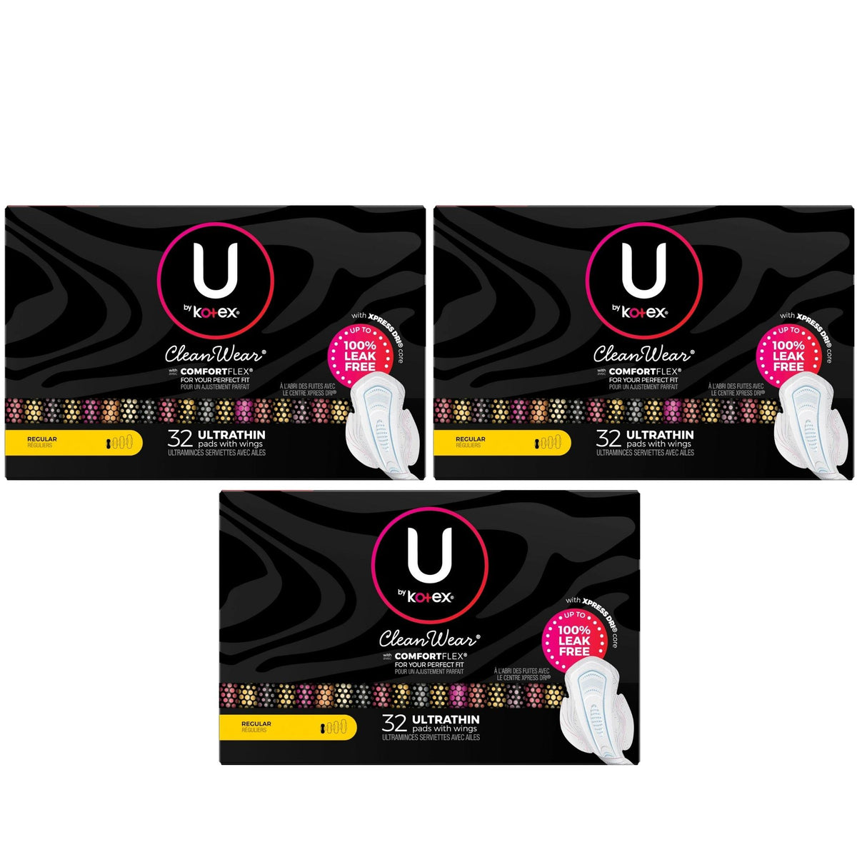 U by Kotex CleanWear Ultra Thin Feminine Pads with Wings, Regular, 32 Count, 3-Pack