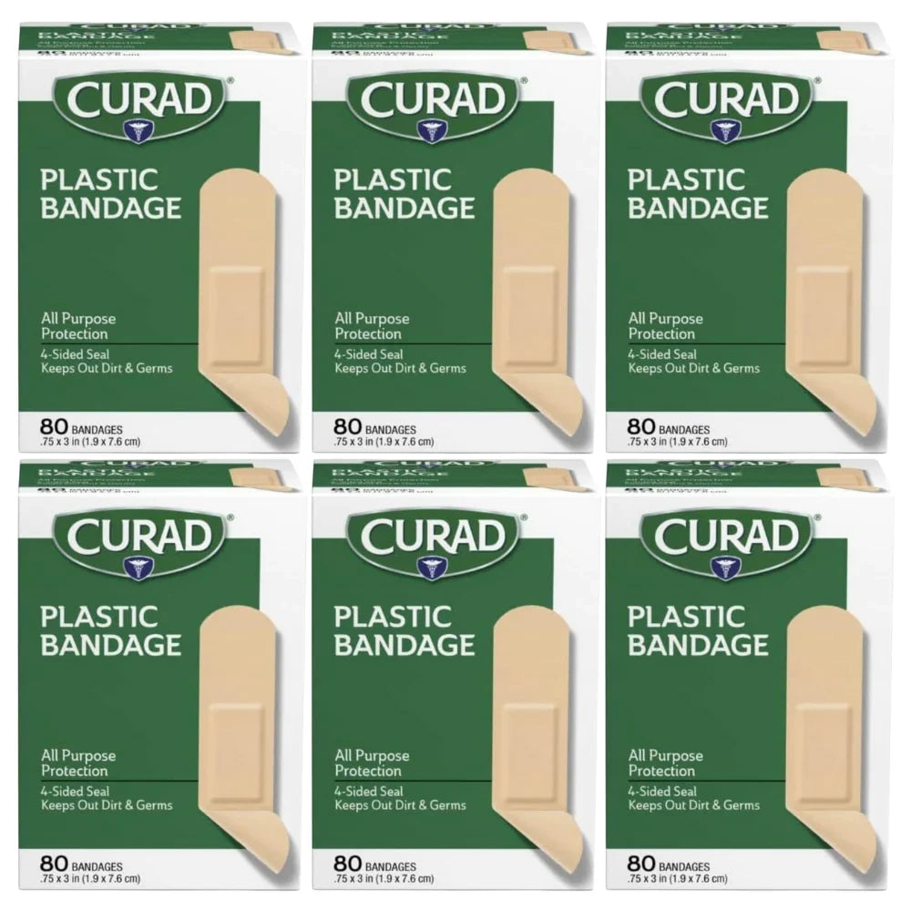 Curad Plastic Bandages, .75" x 3", 80 Count, 6-Pack