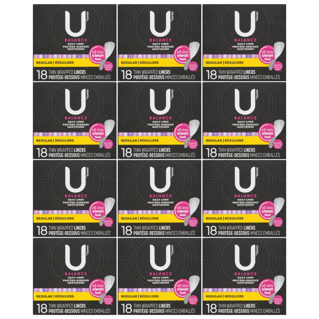 U by Kotex Balance Daily Liners, Regular, 18 Count, 12-Pack