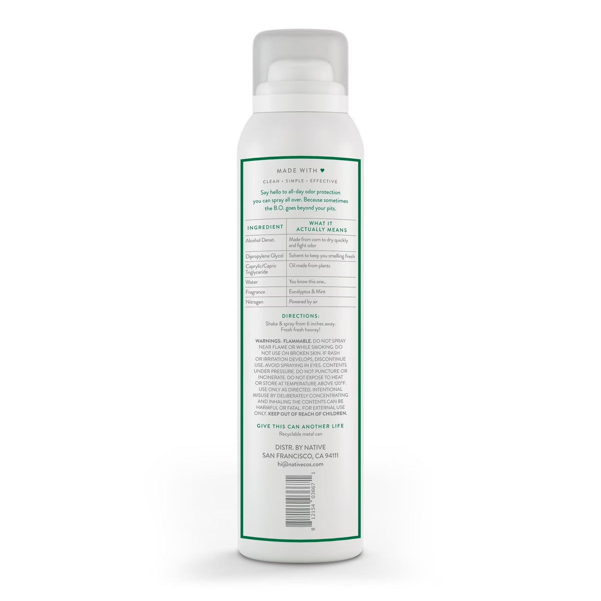 Native Whole Body Deodorant Spray, Eucalyptus & Mint, 3.5oz -