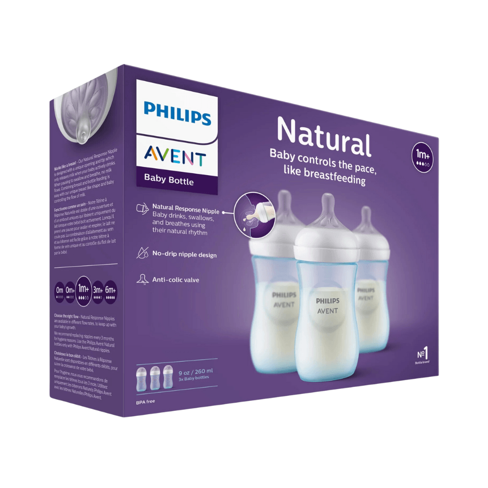 Philips AVENT Natural Baby Bottle with Natural Response Nipple, 1m+, Flow  3, 9 Oz, Blue, 3-pack