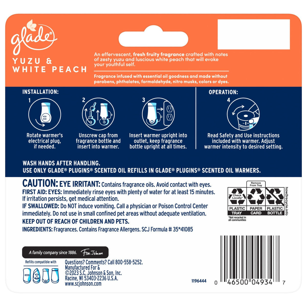 Glade PlugIns Scented Oil Refills, Yuzu & Peach, 5 Count -
