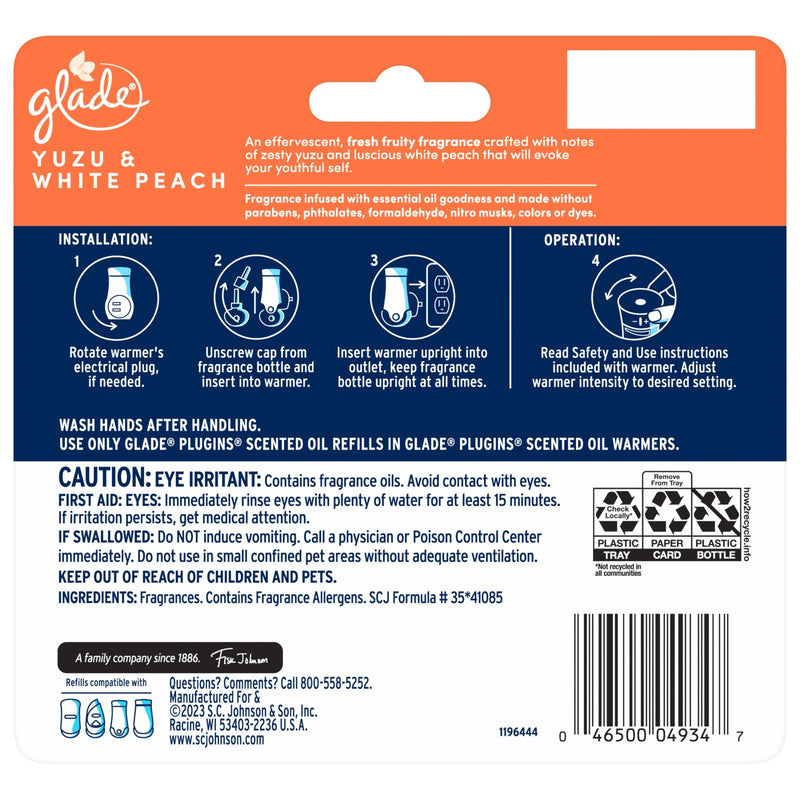 Glade PlugIns Scented Oil Refills, Yuzu & Peach, 5 Count