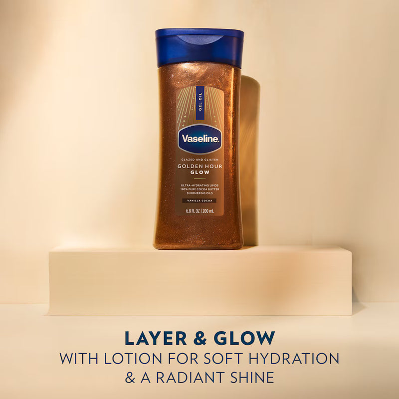 Vaseline Glazed and Glisten Golden Hour Glow Shimmering Gel Oil, Vanilla Cocoa, 6.8oz