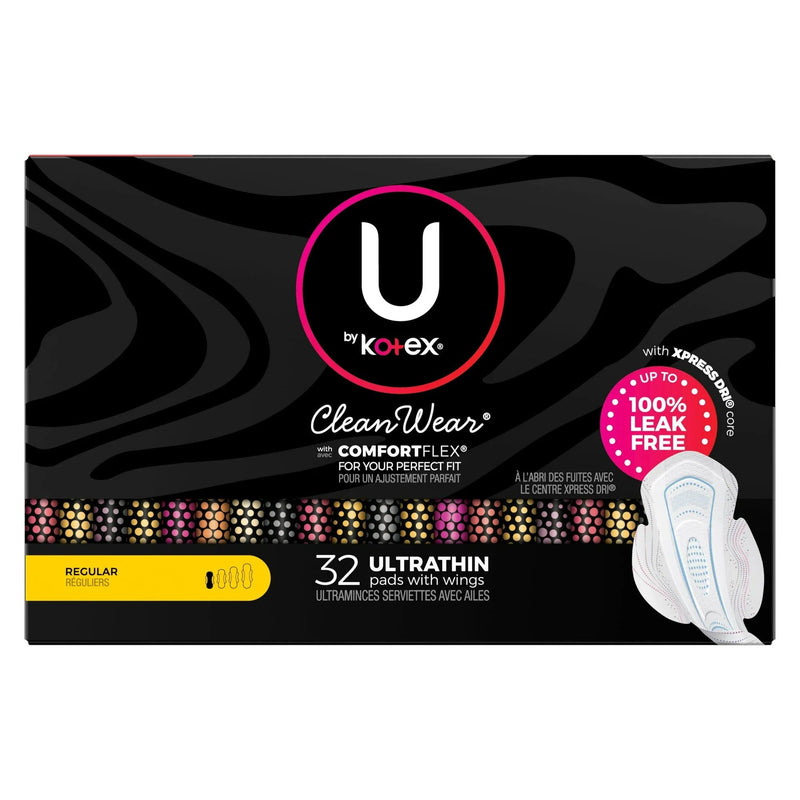 U by Kotex CleanWear Ultra Thin Feminine Pads with Wings, Regular, 32 Count