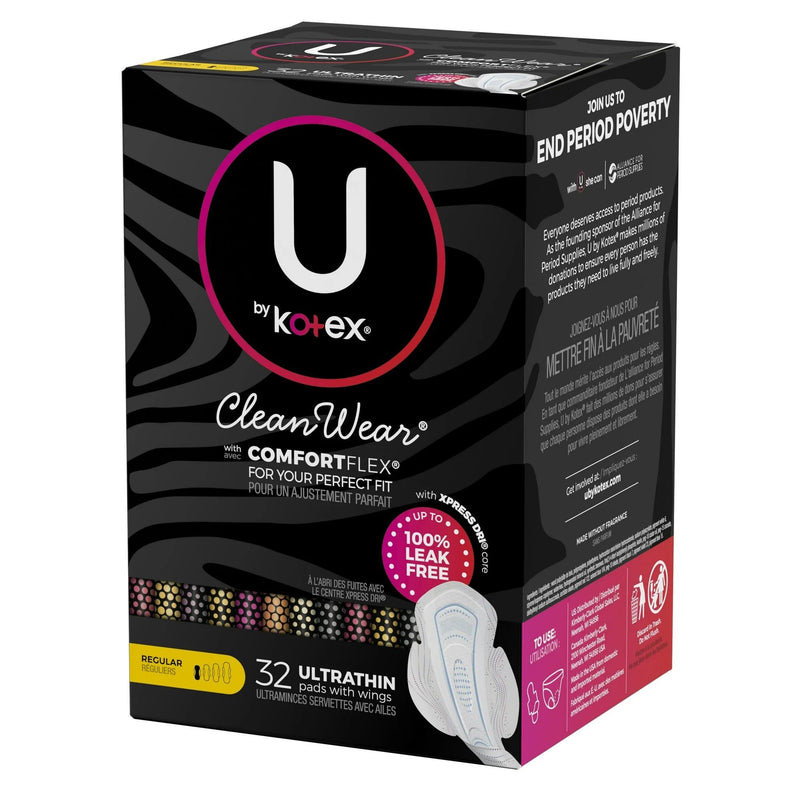 U by Kotex CleanWear Ultra Thin Feminine Pads with Wings, Regular, 32 Count