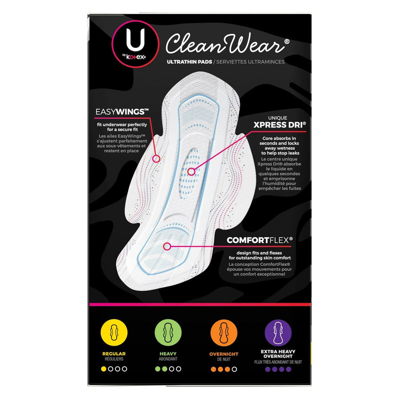 U by Kotex CleanWear Ultra Thin Feminine Pads with Wings, Regular, 32 Count