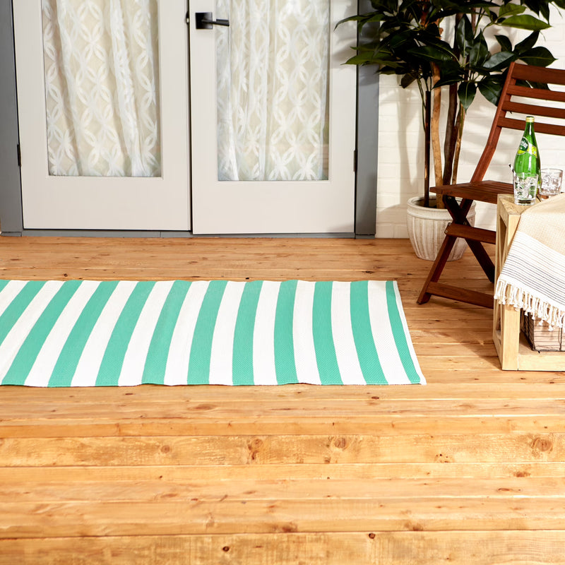 DII Outdoor Rug, Woven Plastic Straw Mat, Aqua & White Stripes, 4x6 ft