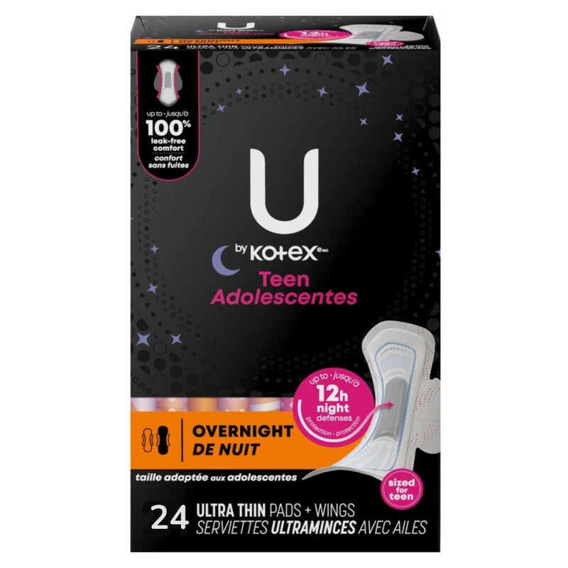 U by Kotex Teen Adolescentes Ultra Thin Pads with Wings, Overnight, 24 Count
