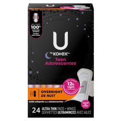 U by Kotex Teen Adolescentes Ultra Thin Pads with Wings, Overnight, 24 Count