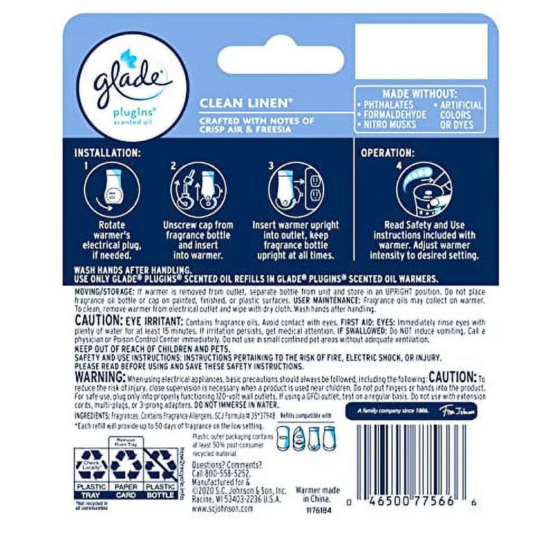 Glade PlugIn Air Freshener Starter Kit, 1 Warmer + 2 Refills, Clean Linen Scent