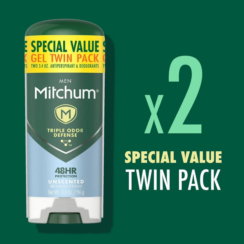 Mitchum Men Triple Odor Defense Antiperspirant Gel, Unscented, 3.4 oz (2-Pack)