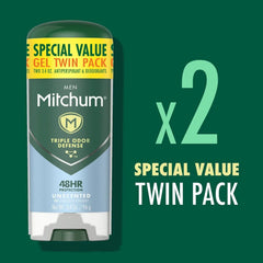 Mitchum Men Triple Odor Defense Antiperspirant Gel, Unscented, 3.4 oz (2-Pack)