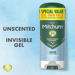 Mitchum Men Triple Odor Defense Antiperspirant Gel, Unscented, 3.4 oz (2-Pack)