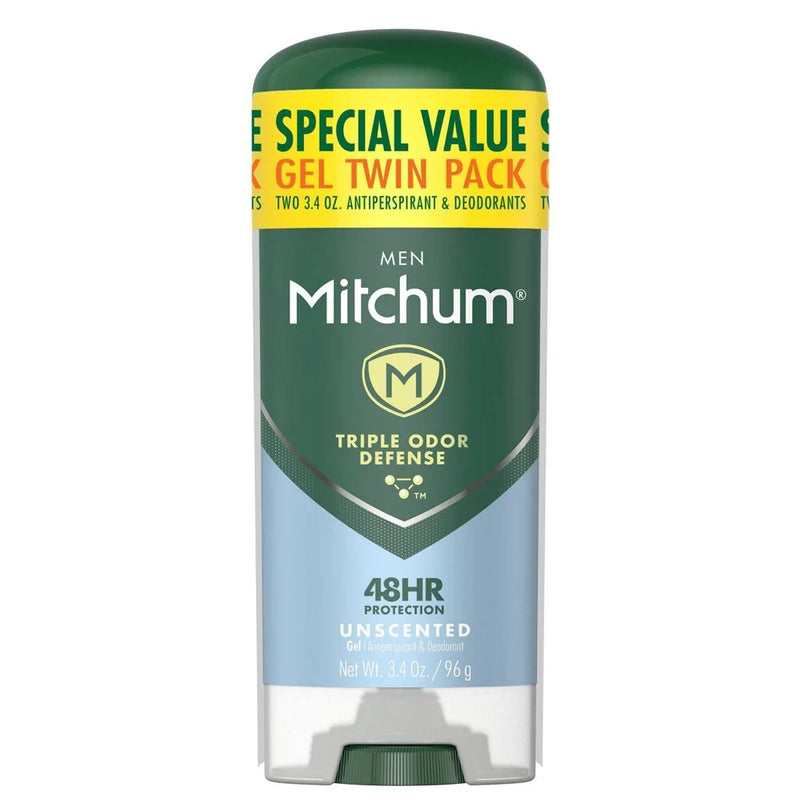 Mitchum Men Triple Odor Defense Antiperspirant Gel, Unscented, 3.4 oz (2-Pack)