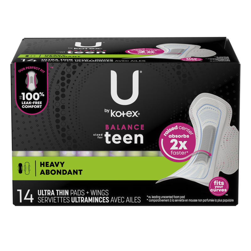 U by Kotex Teen Ultra Thin Pads With Wings, Heavy, 14 Count