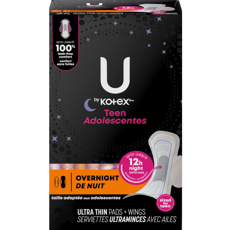 U by Kotex Teen Adolescentes Ultra Thin Pads with Wings, Overnight, 24 Count