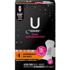 U by Kotex Teen Adolescentes Ultra Thin Pads with Wings, Overnight, 24 Count
