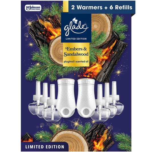 Glade PlugIns Scented Oil, Embers & Sandalwood, 2 Warmers + 6 Refills -