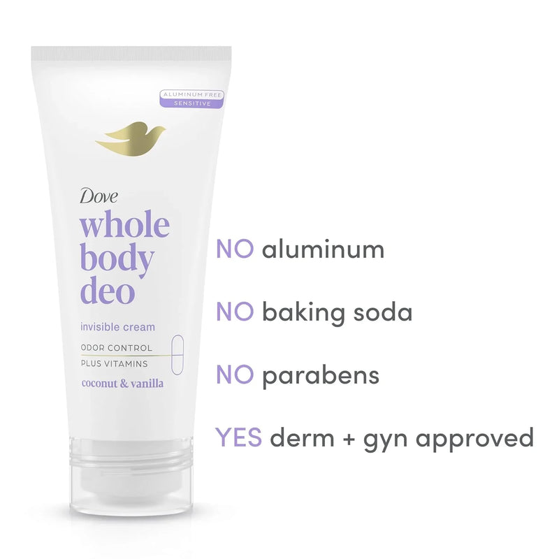 Dove Whole Body Deodorant Invisible Cream, Coconut & Vanilla, 2.5oz