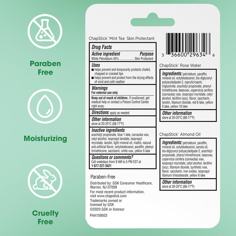 ChapStick Spa Collection 3 Count Variety Pack: Rose Water, Almond, Mint Tea