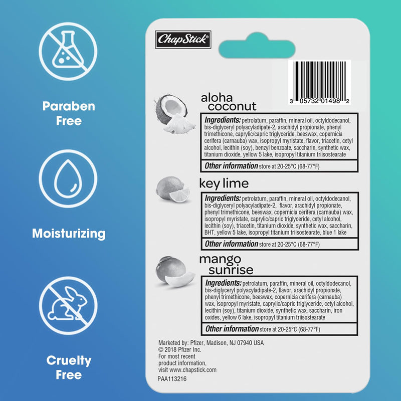 ChapStick Tropical Paradise Collection 3 Count Variety Pack: Aloha Coconut, Key Lime, Mango Sunrise