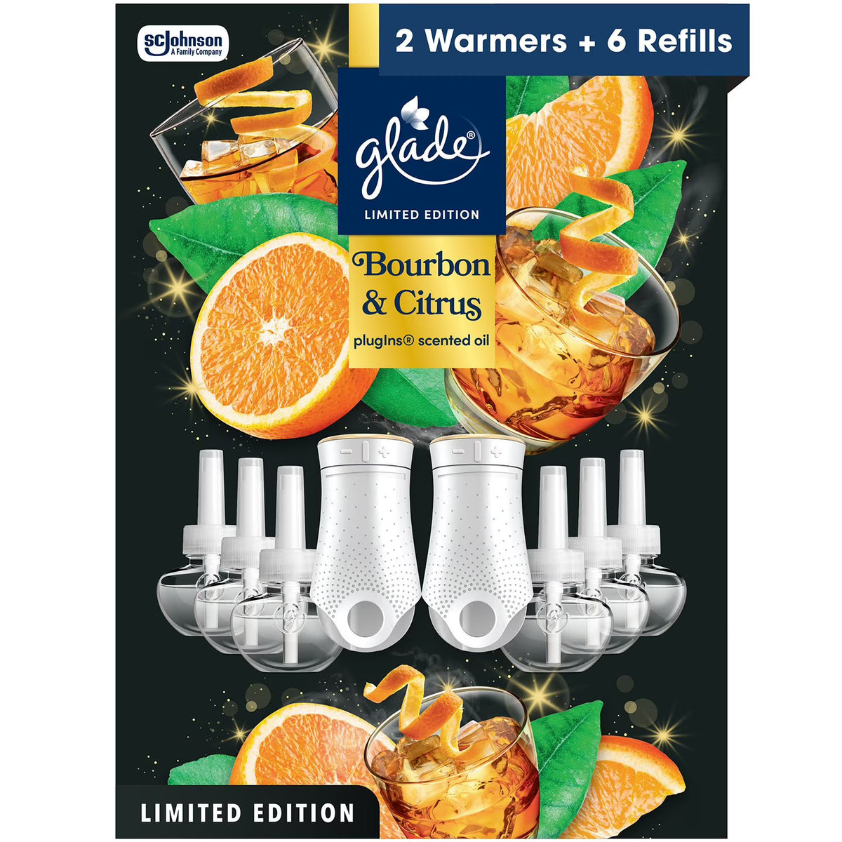Glade PlugIns Scented Oil, Bourbon & Citrus, 2 Warmers + 6 Refills -