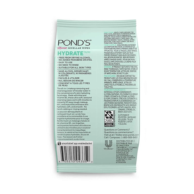 Pond's Vitamin Micellar Hydrating Aloe Makeup Remover Wipes, 25 Count