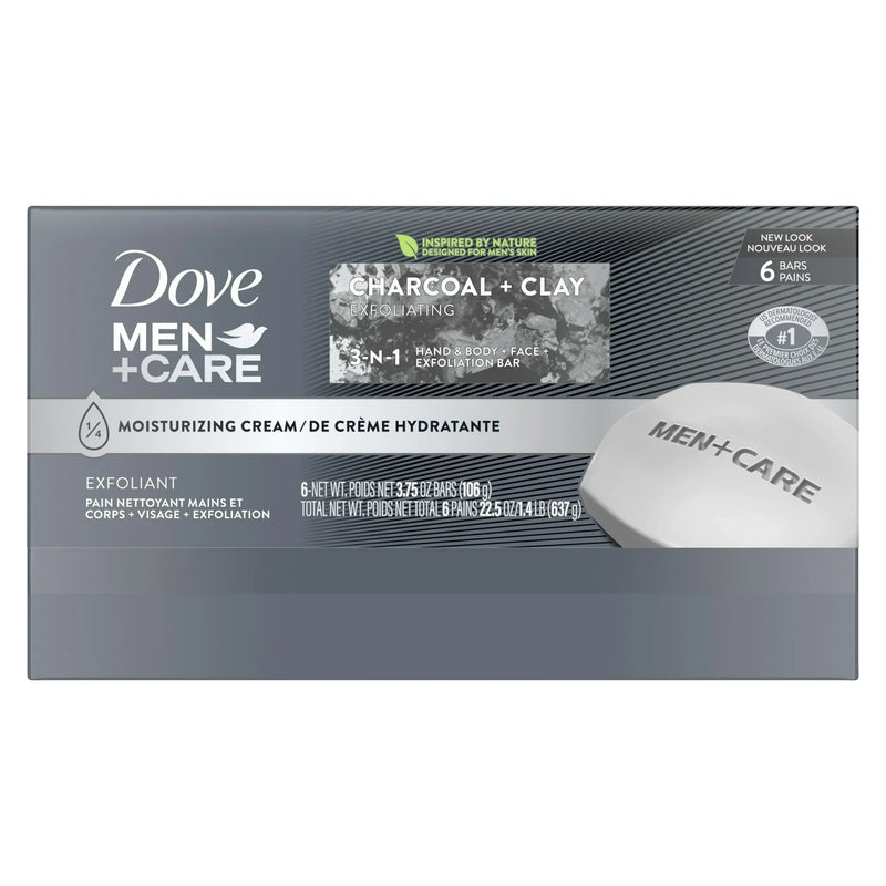 Dove Men+Care 3-In-1 Exfoliating Bar Soap, Charcoal + Clay, 3.75oz, 6 Count