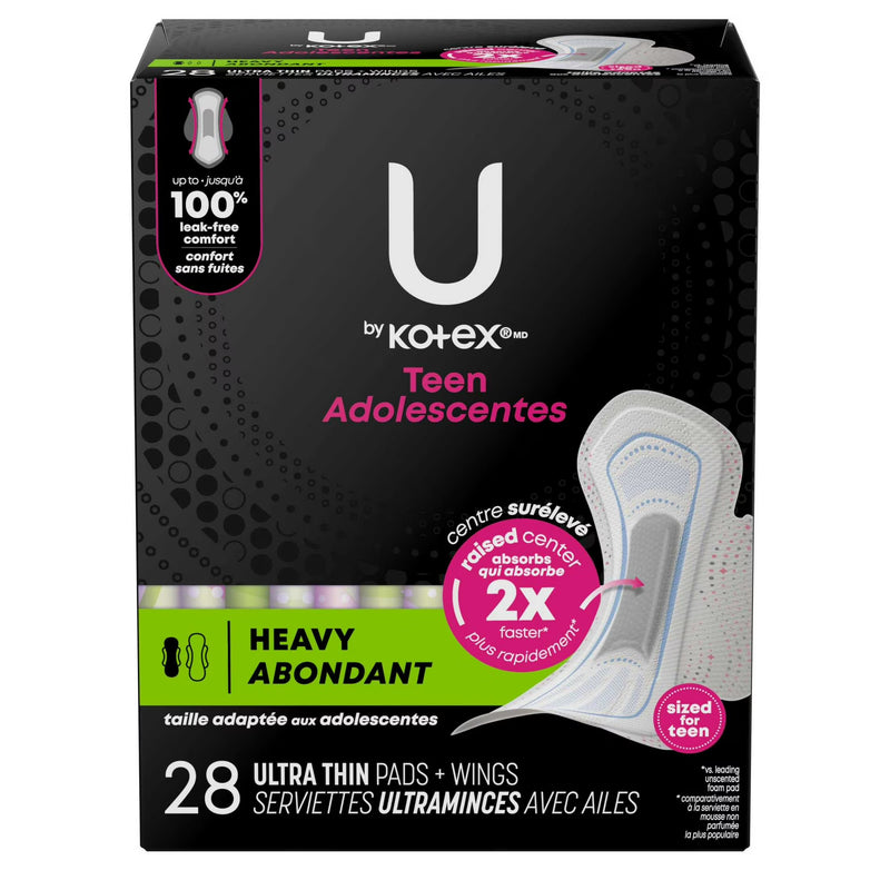 U by Kotex Teen Ultra Thin Pads with Wings, Heavy, 28 Count