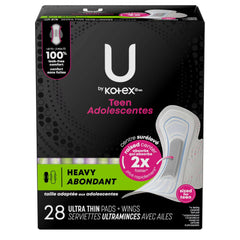 U by Kotex Teen Ultra Thin Pads with Wings, Heavy, 28 Count