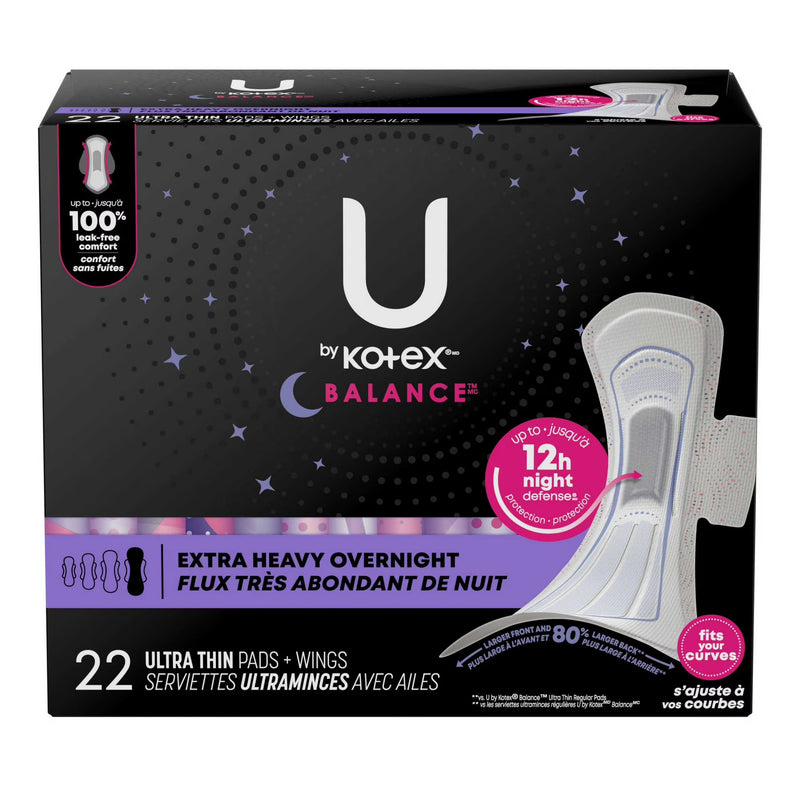 U by Kotex Balance Ultra Thin Pads with Wings, Extra Heavy Overnight, 22 Count