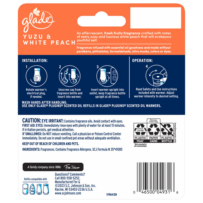 Glade PlugIns Scented Oil Refills, Yuzu & Peach, 2 Count