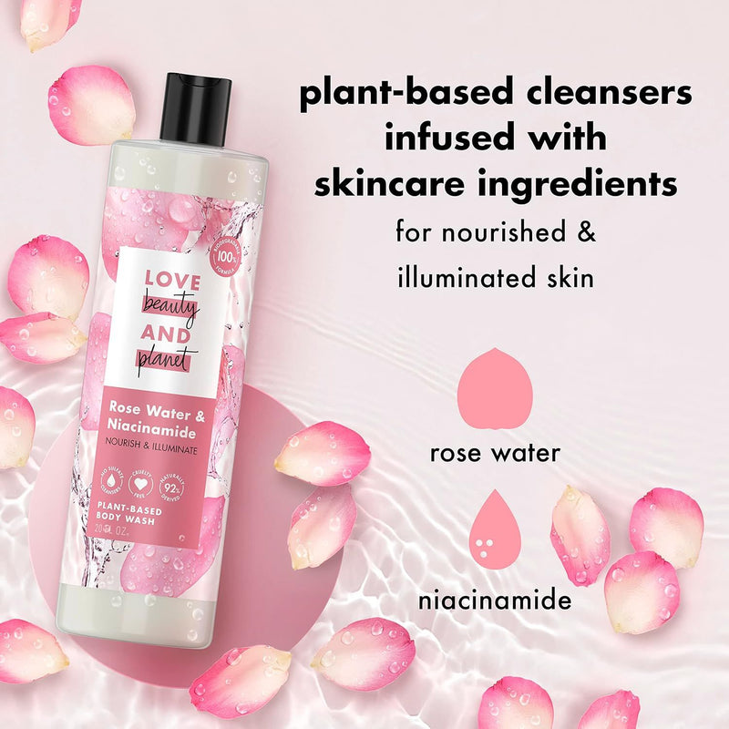 Love Beauty and Planet, Nourish & Illuminate Body Wash, Rose Water & Niacinamide, 20 Oz