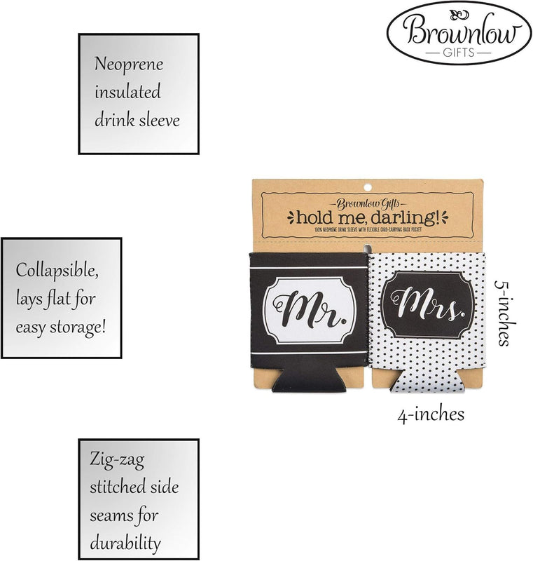 Mr. & Mrs. Neoprene Drink Sleeves, Insulated Can Coolers Set Of 2, Black & White - Wedding Gift Koozies For Couples