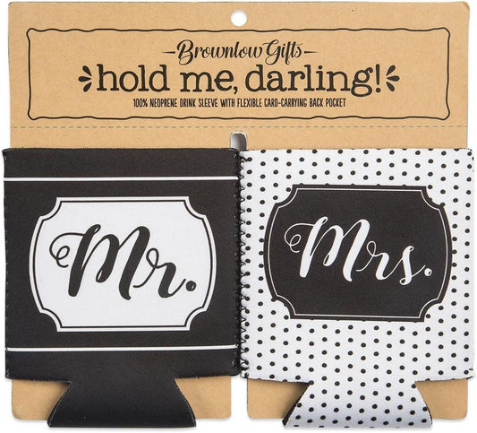 Mr. & Mrs. Neoprene Drink Sleeves, Insulated Can Coolers Set Of 2, Black & White - Wedding Gift Koozies For Couples -