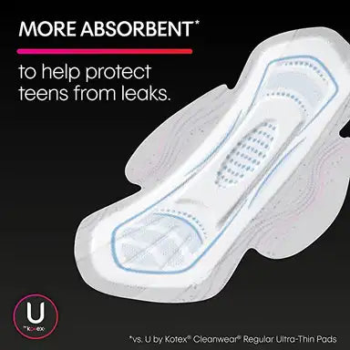 U by Kotex Teen Adolescentes Ultra Thin Pads with Wings, Overnight, 24 Count