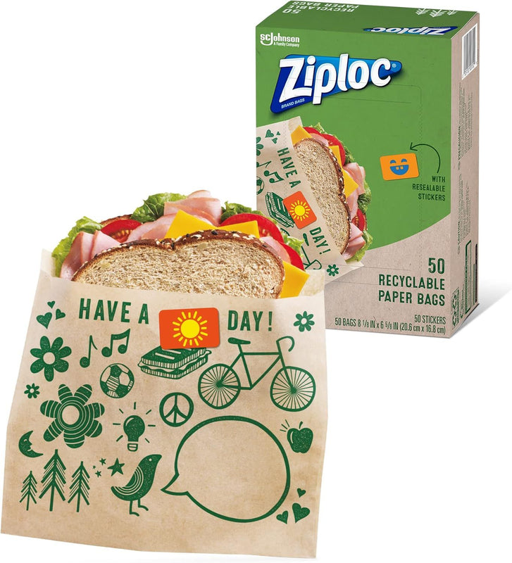 Ziploc Recyclable Paper Bags with Resealable Stickers, 50 Count