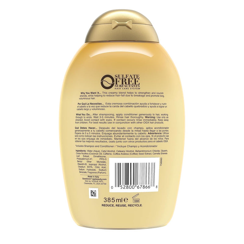 OGX Anti-Hair Fall + Coconut Caffeine Strengthening Shampoo & Conditioner Set, 13 Oz Ea