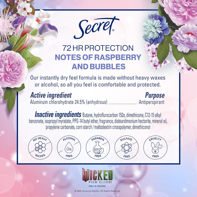 Secret Dry Spray Antiperspirant, Glinda’s Edition Couldn’t Be Lovelier, Raspberry & Bubbles, 4.1 oz