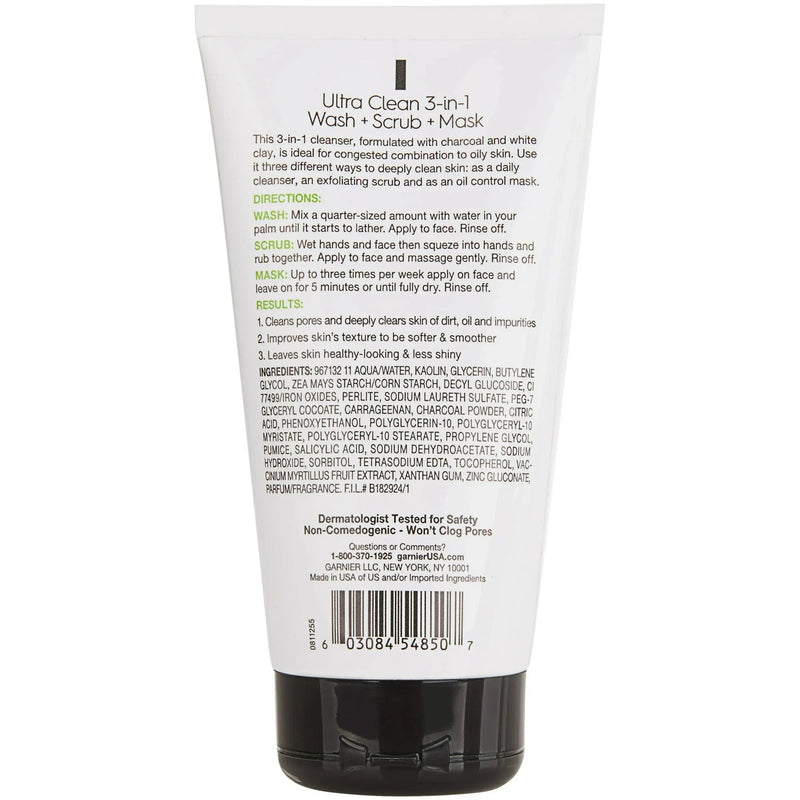 Garnier SkinActive Ultra Clean 3-In-1 Charcoal Face Wash, Scrub & Mask, 4.4oz