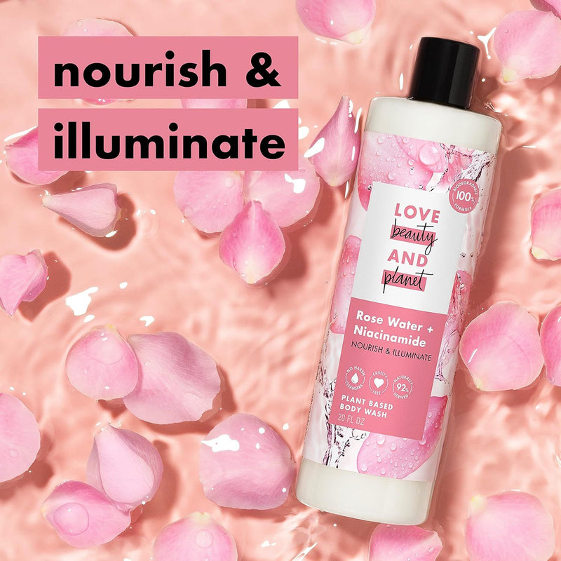 Love Beauty and Planet, Nourish & Illuminate Body Wash, Rose Water & Niacinamide, 20 Oz