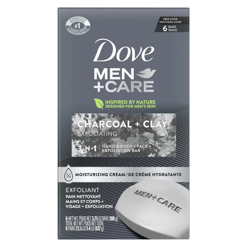 Dove Men+Care 3-In-1 Exfoliating Bar Soap, Charcoal + Clay, 3.75oz, 6 Count