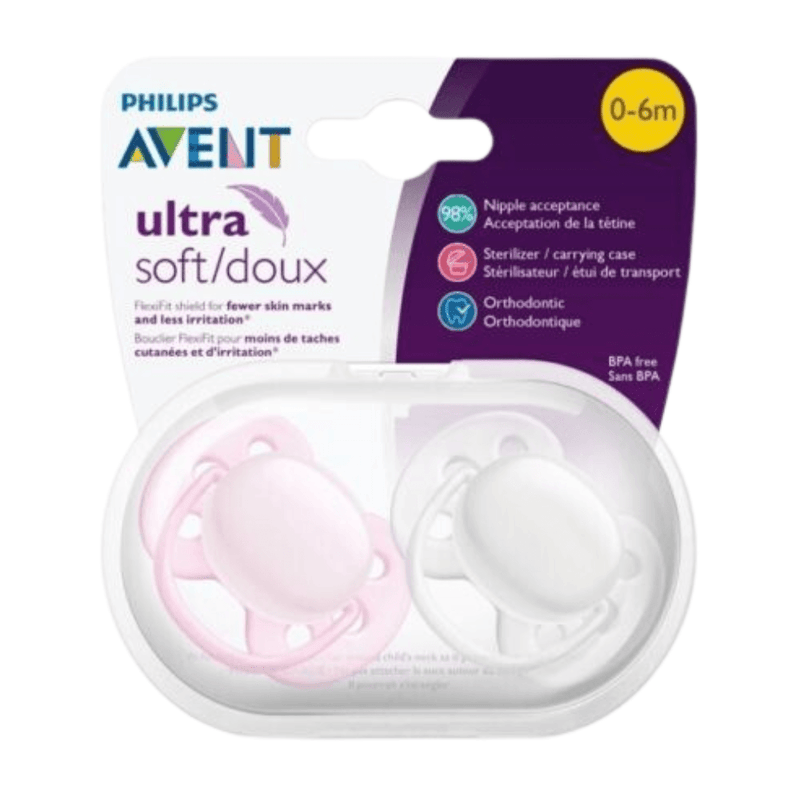 Philips AVENT Ultra Soft Pacifier, 0-6 Months, Pink or White, 2-Pack - First Choice Buying