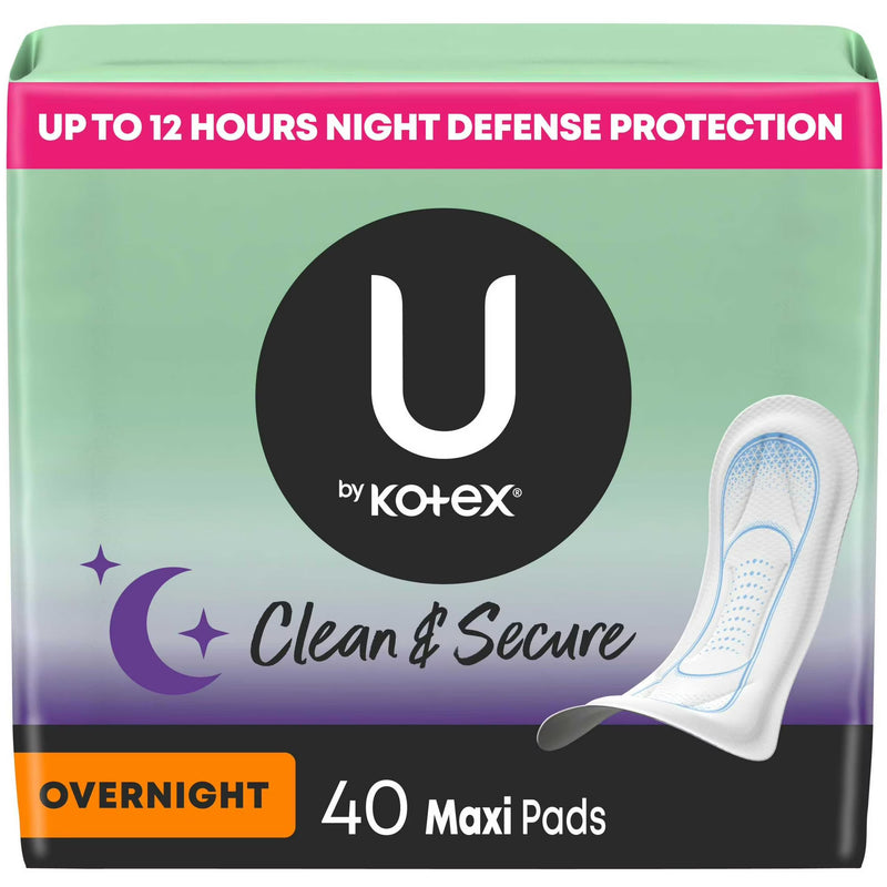 U by Kotex Clean & Secure Maxi Pads, Overnight, 40 Count