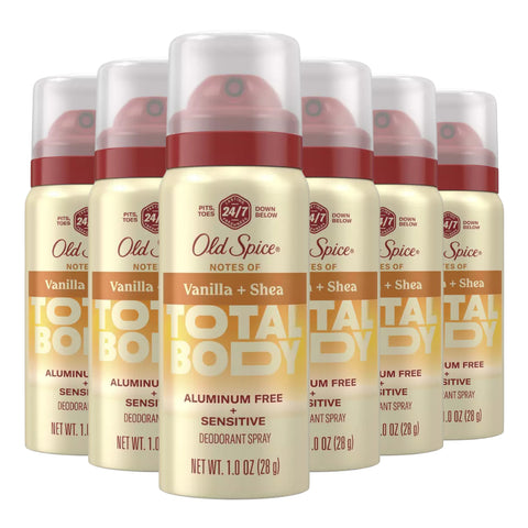 Old Spice Total Body Deodorant Spray, Vanilla & Shea, Travel Size, 1 oz, 6-Pack