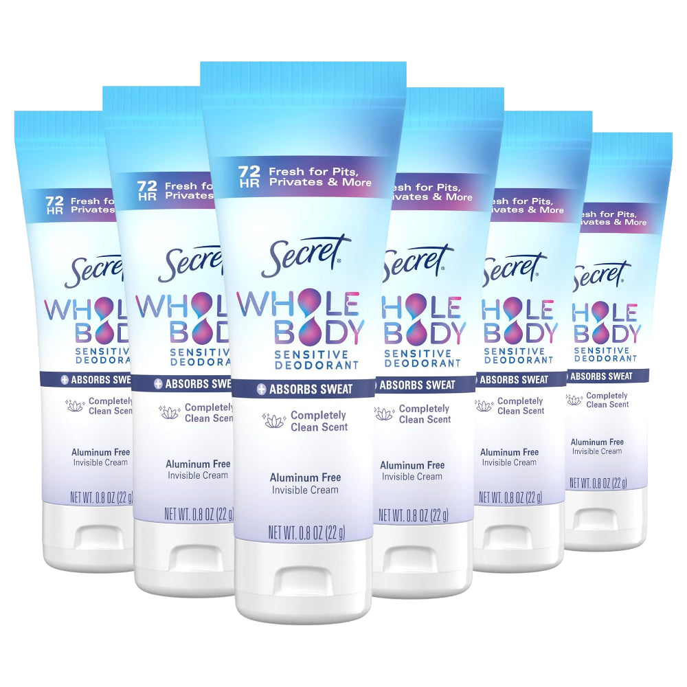 Secret Whole Body Sensitive Deodorant Invisible Cream, Clean Scent, 0.8oz, Travel Size, 6-Pack -