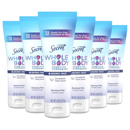 Secret Whole Body Sensitive Deodorant Invisible Cream, Clean Scent, 0.8oz, Travel Size, 6-Pack -