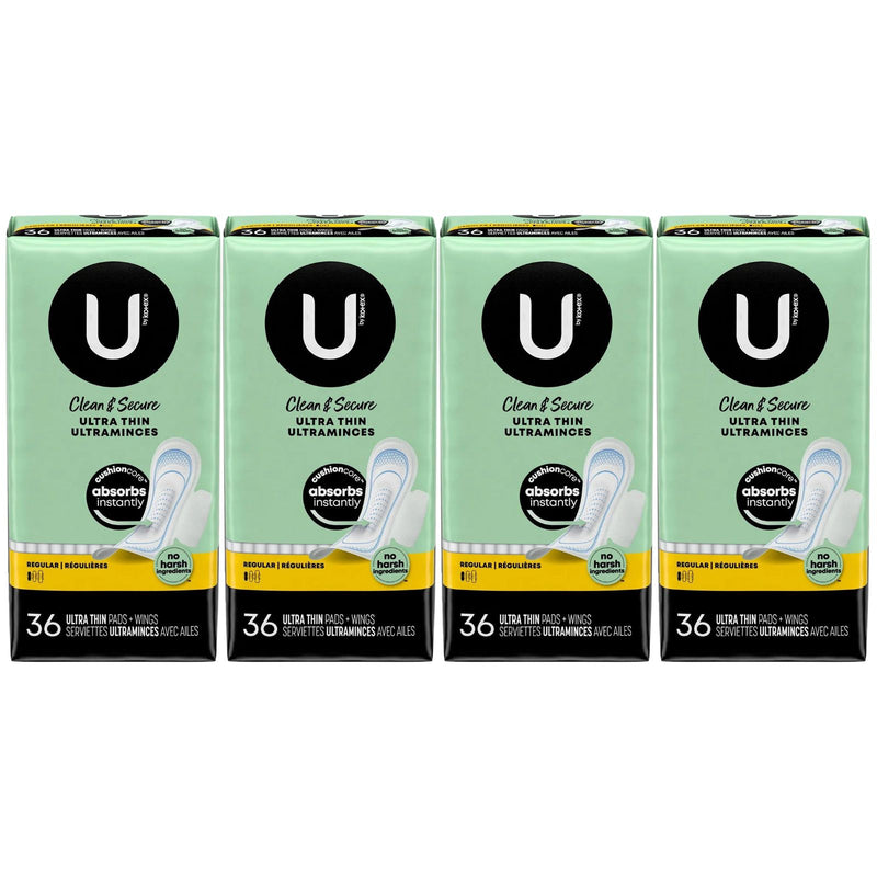 U by Kotex Clean & Secure Ultra Thin Pads with Wings, Regular, 36 Count