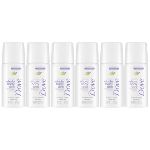 Dove Whole Body Deodorant Spray, Coconut & Vanilla, Travel Size, 1oz, 6-Pack